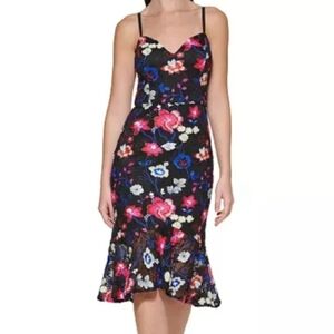 Guess Embroidered Black Floral Cocktail Party Midi Dress - Size 4